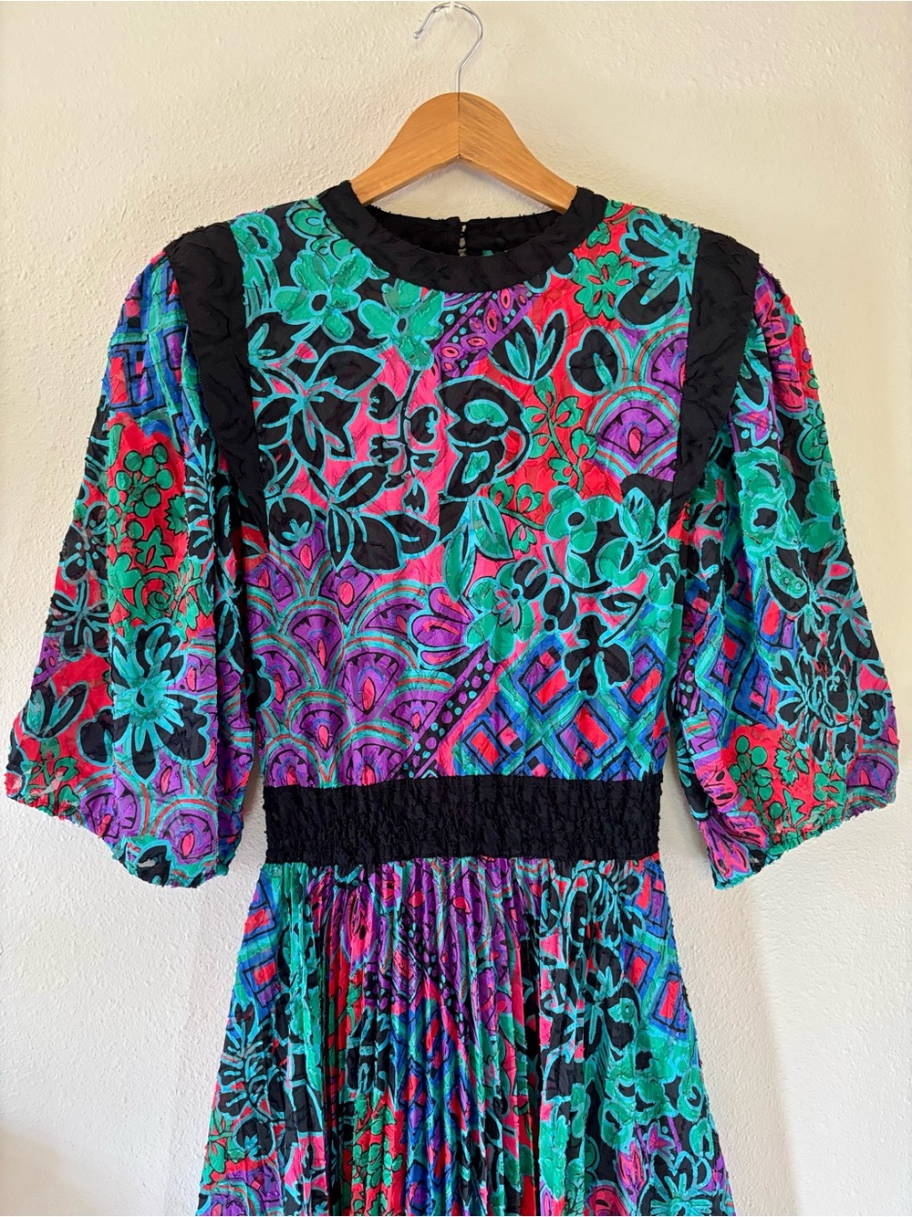 Diane Freis 1980s Dress L XL Colorful Floral Geometric Pleated Midi Maximalist - Picture 3 of 13